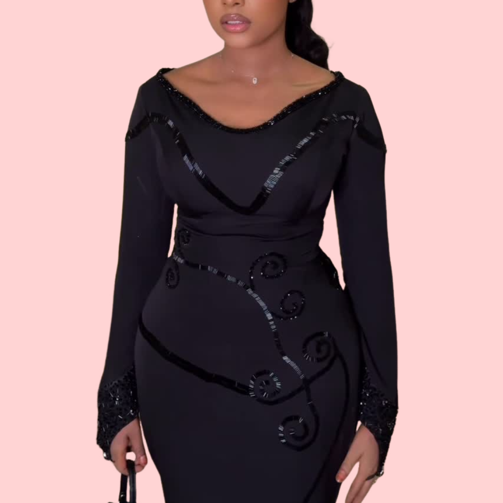 Black Sequin Dress with Floral Pattern