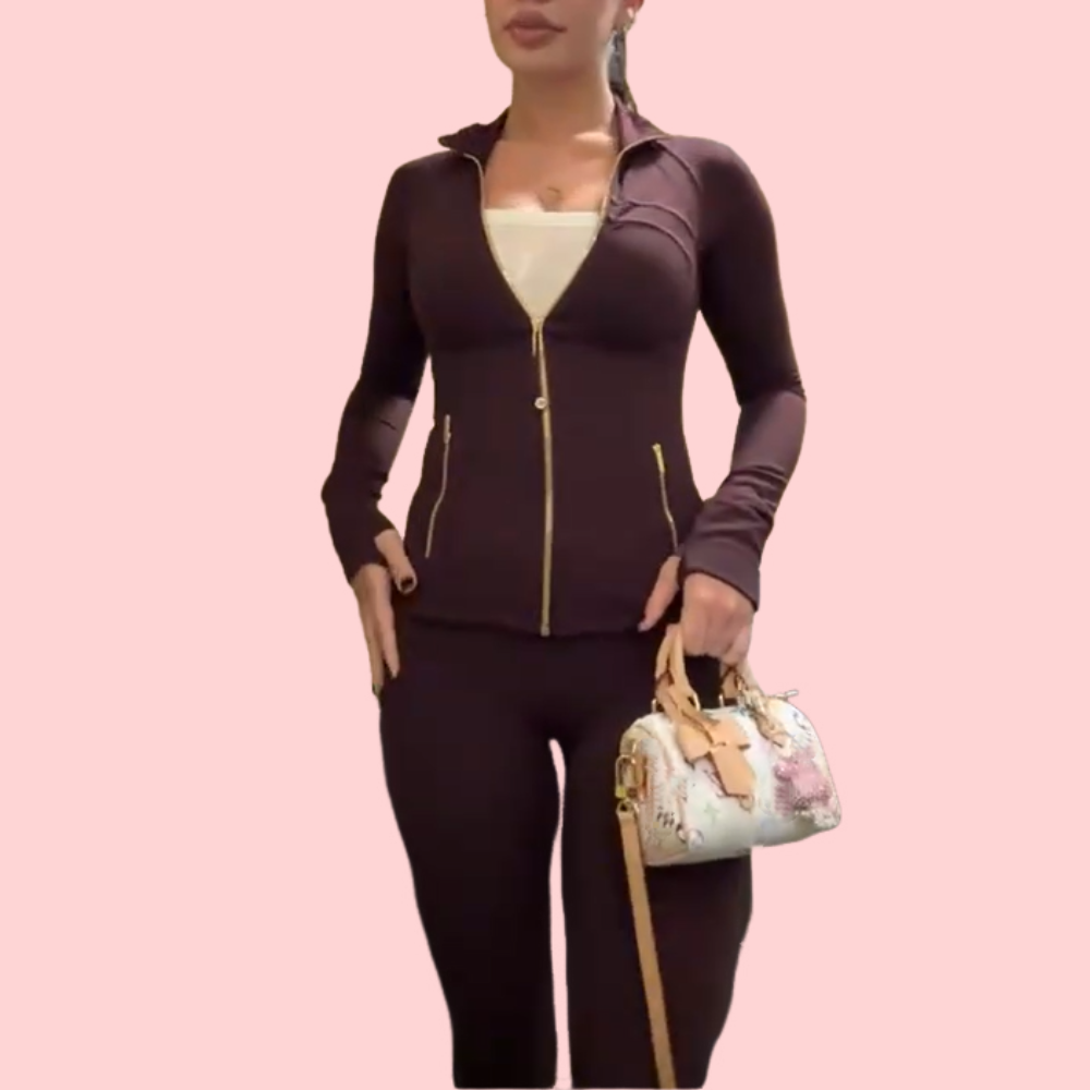 Burgundy Zipper Slim-Fit Two-Piece Set