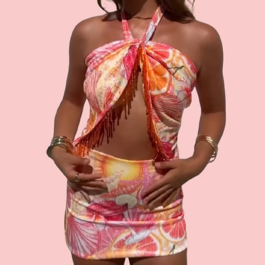 Printed Tassel Hanging Neck Top & Shorts Set