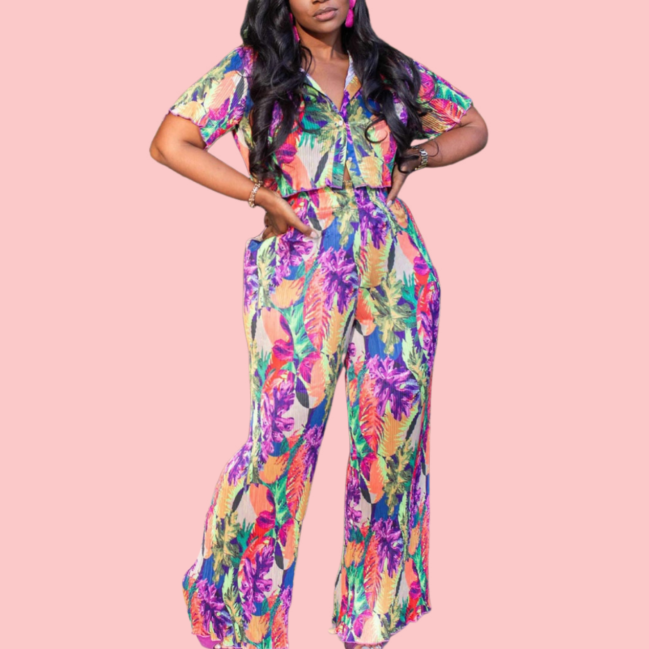 Colorful Floral Print Pleated Shirt & Pants Set