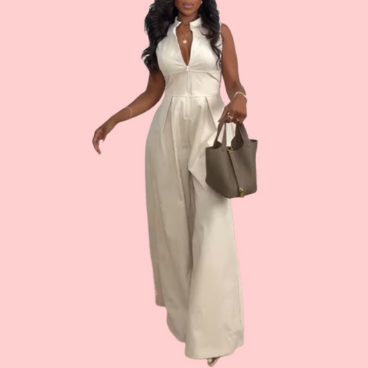 White V-Neck Sleeveless Jumpsuit