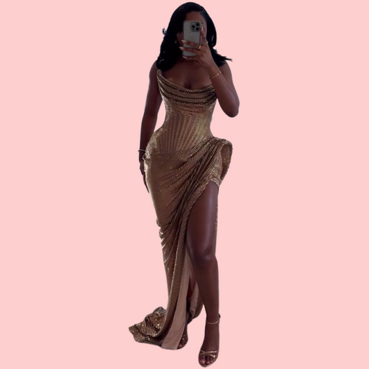 Golden Braided Strapless Maxi Dress