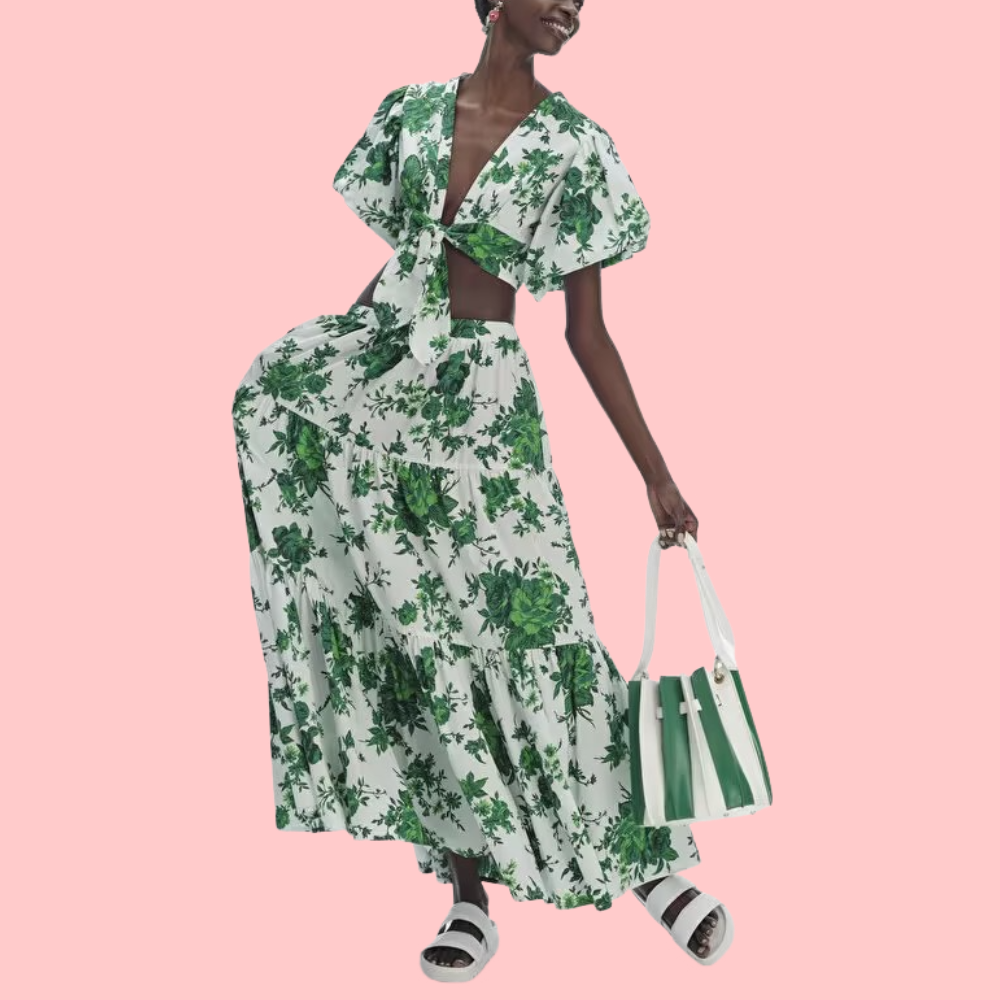 Green Floral Print Cropped Top & Skirt Set
