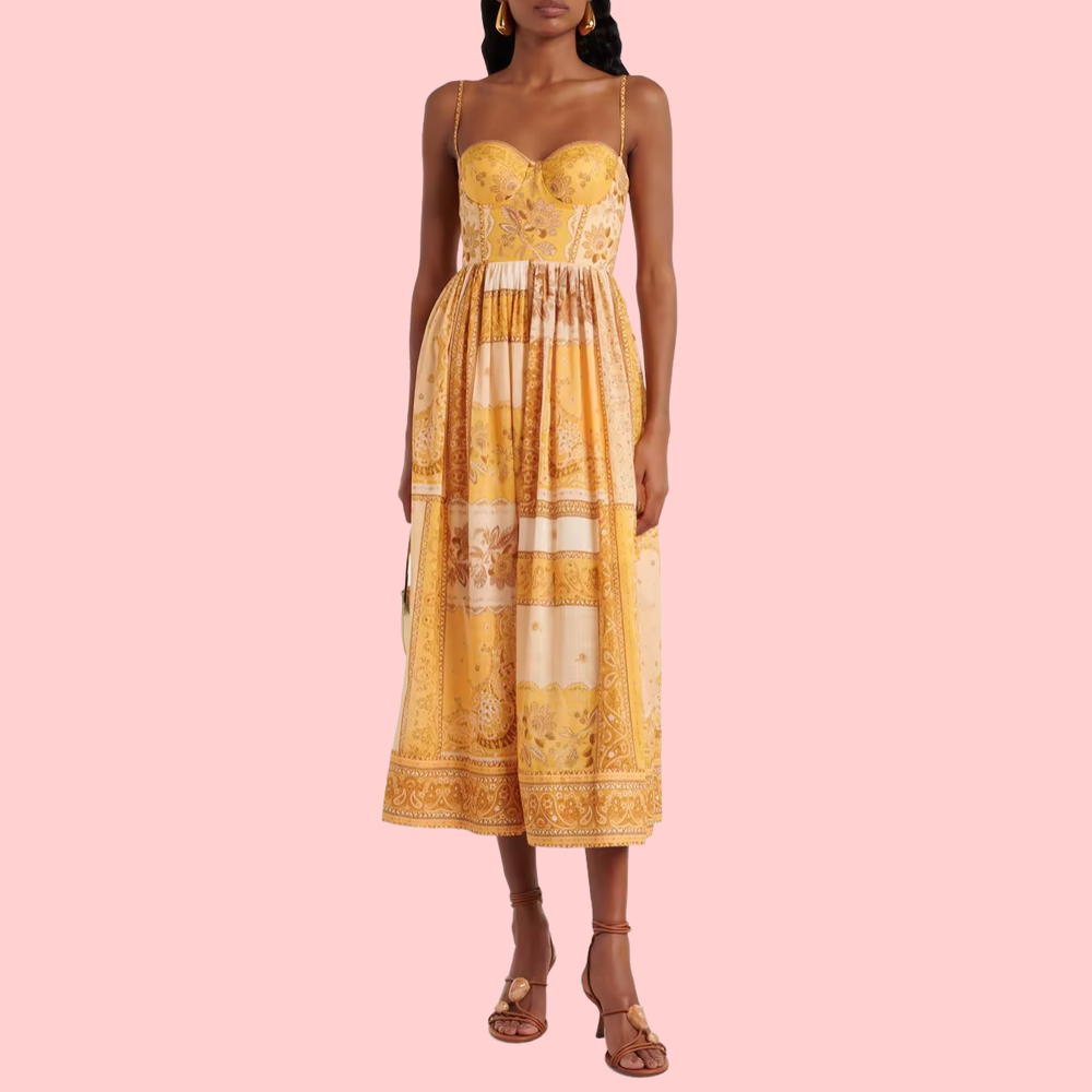 Yellow Print Halter Midi Dress