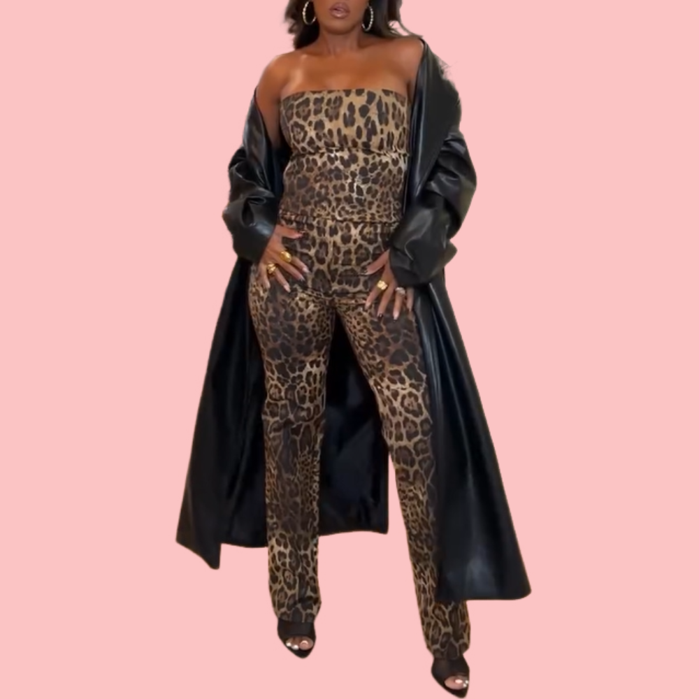 Leopard-Print Strapless Top & Pants Set
