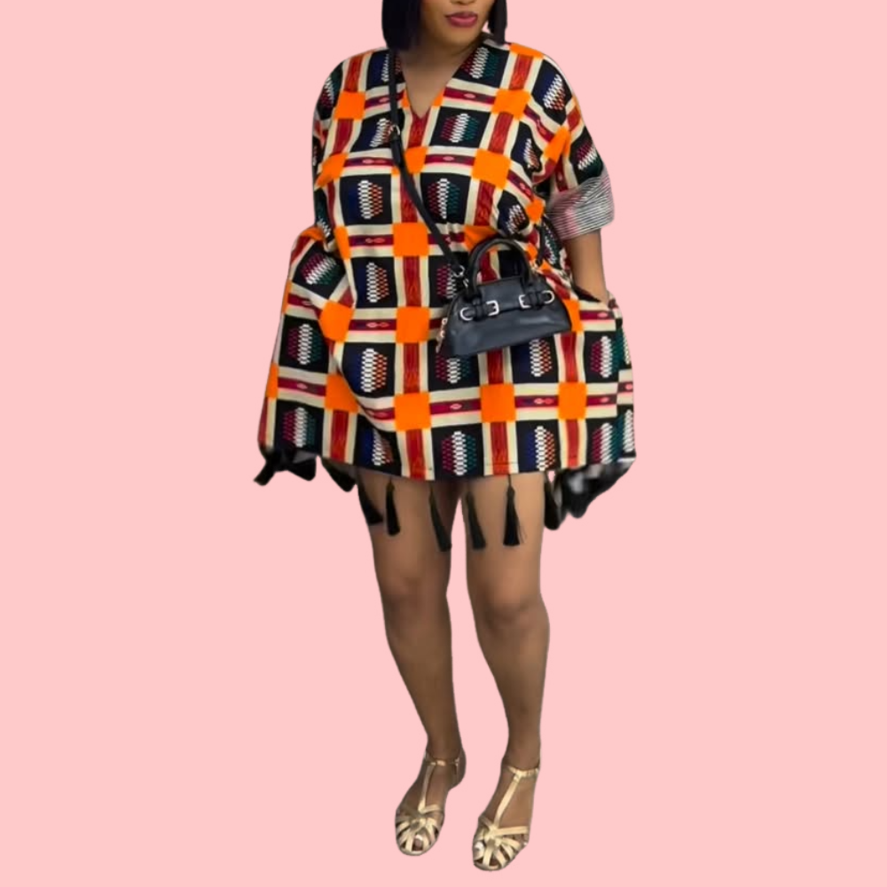 Orange Printed Pocket Fringe Mini Dress