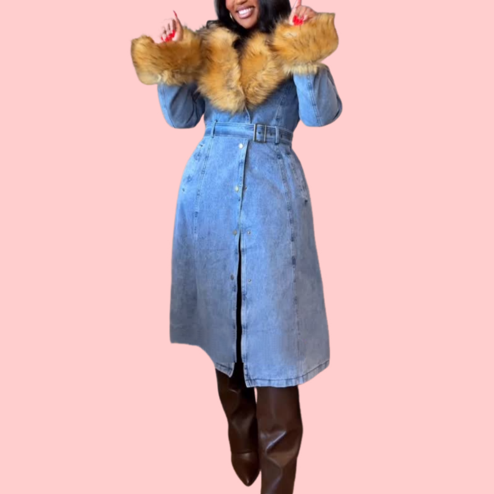 FUR TRIM DENIM TRENCH