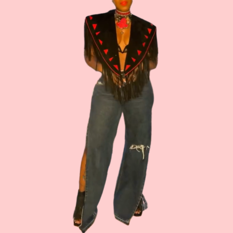 Red & Black Fringed Shawl Blouse