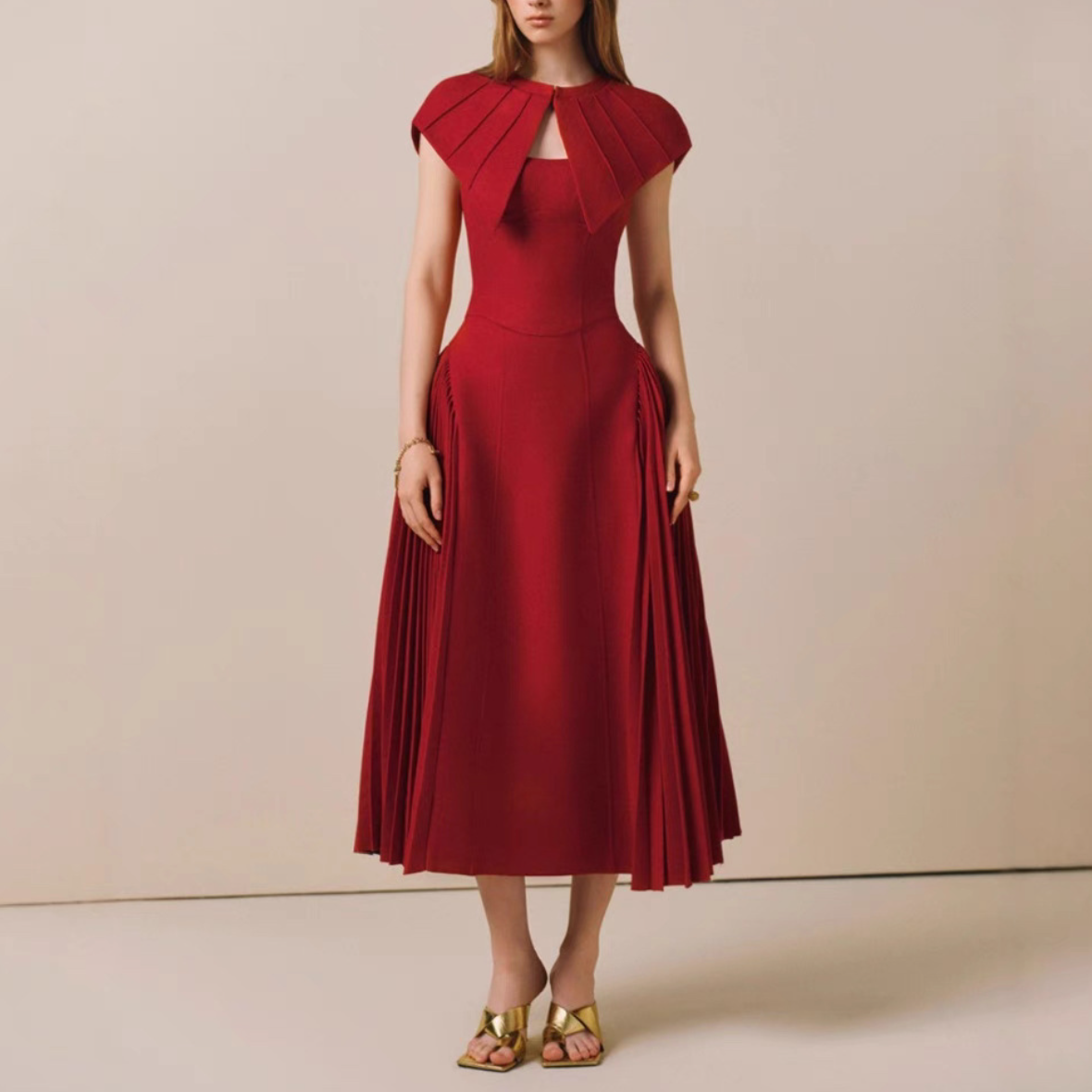 Red Shawl + Elegant Pleated Maxi Dress