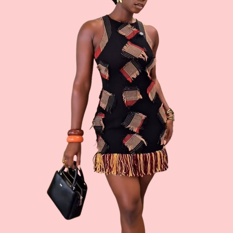 Sleeveless Patchwork Fringe Mini Dress