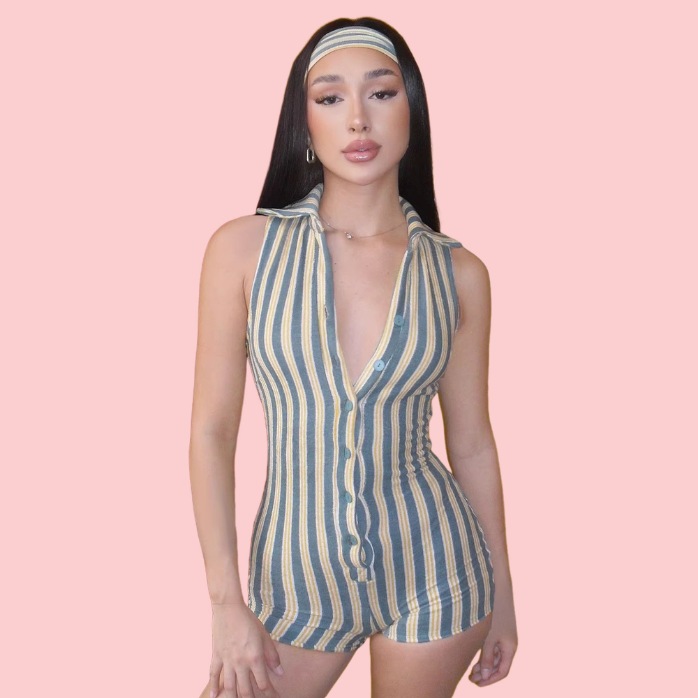 Contrast-Striped Romper Set