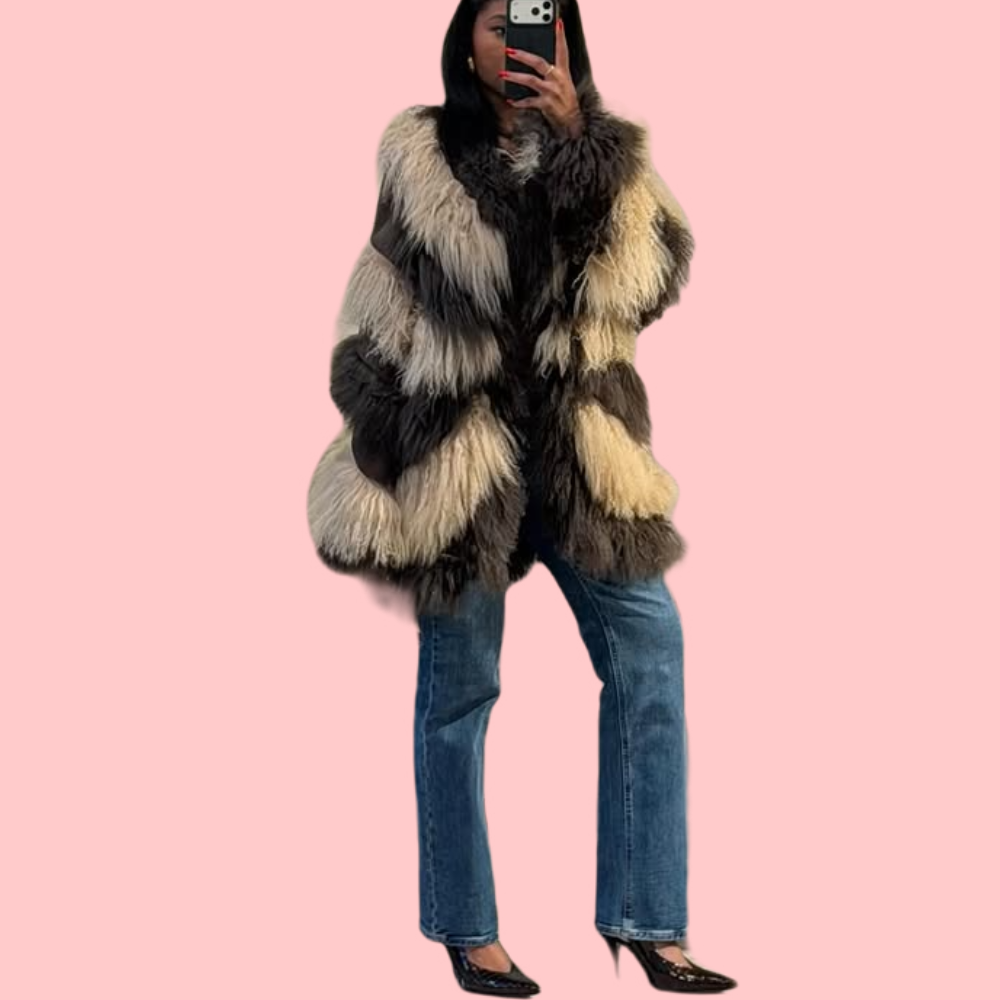 Color-block Fur Coat