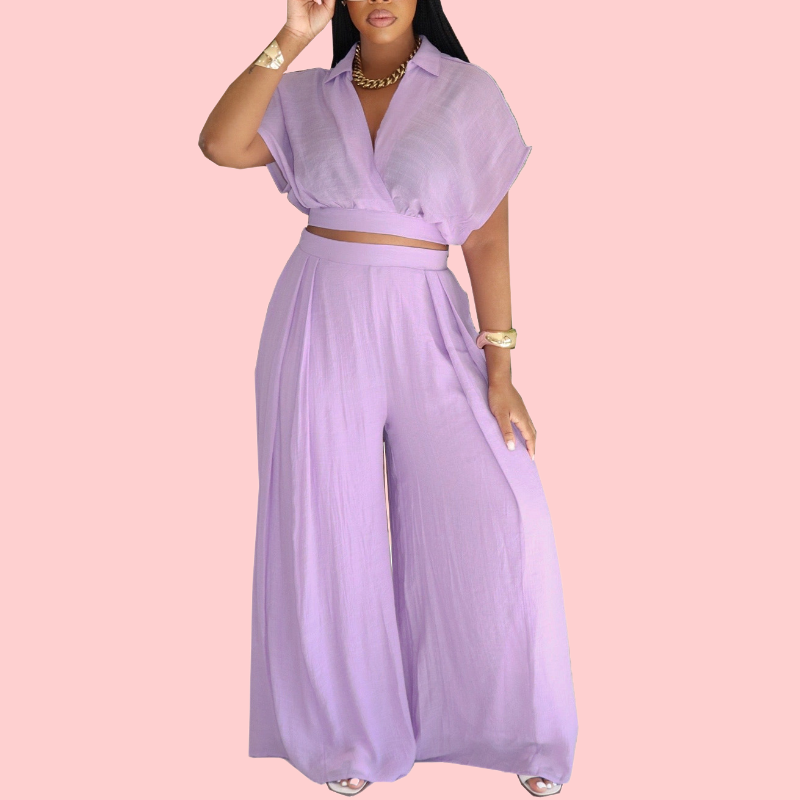 Solid Color V-Neck Mesh Two-Piece Set