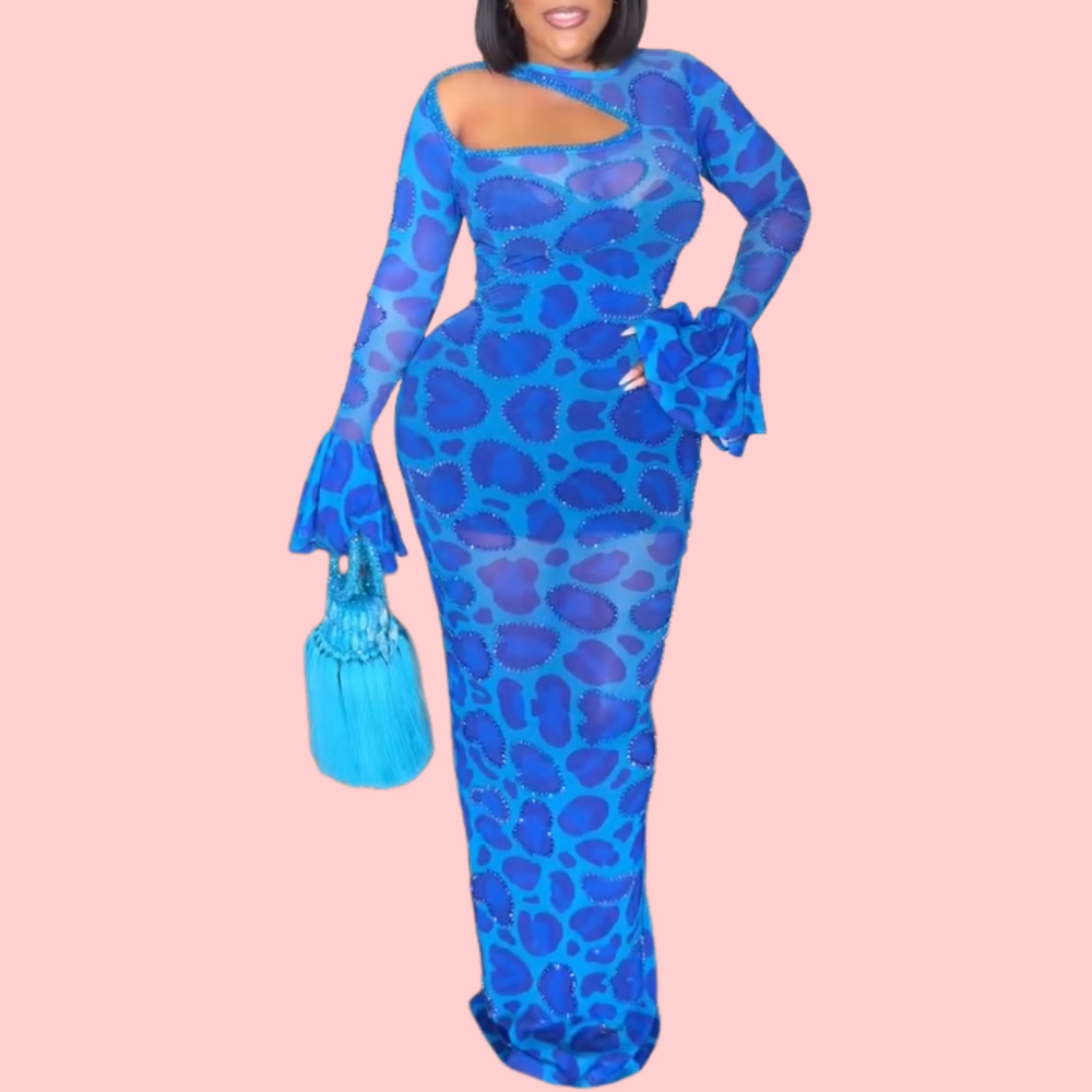 Blue Rhinestone Leopard Print Maxi Dress
