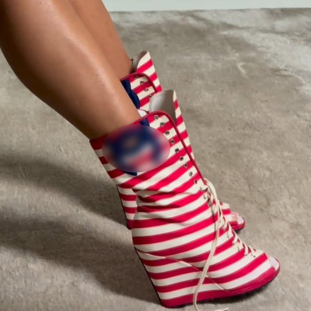 Red and White Striped High-Heeled Boots