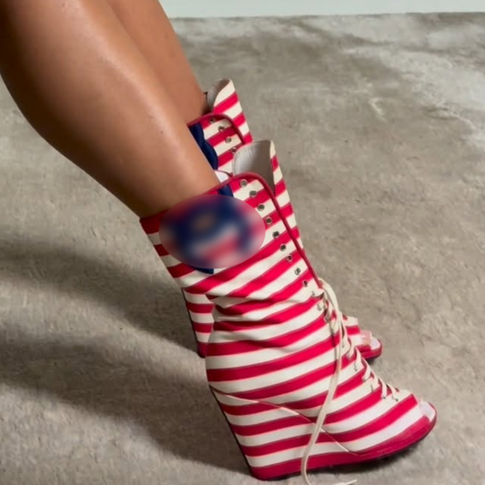 Red and White Striped High-Heeled Boots