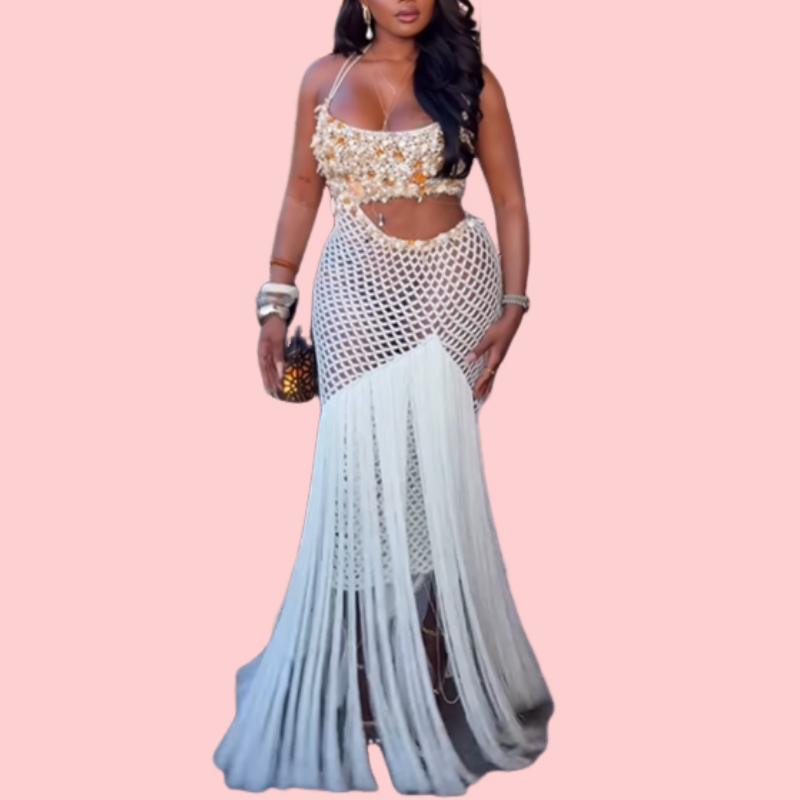 Pearl Embellished Mesh Fringe Maxi Dress