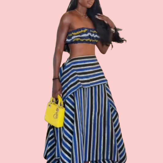 Striped Bustier + Asymmetrical Striped Skirt Set