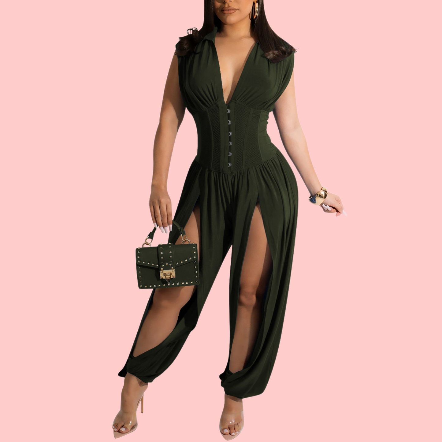 Solid-Color V-Neck Cutout Jumpsuit