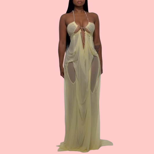 Yellow Mesh Neckline Maxi Dress