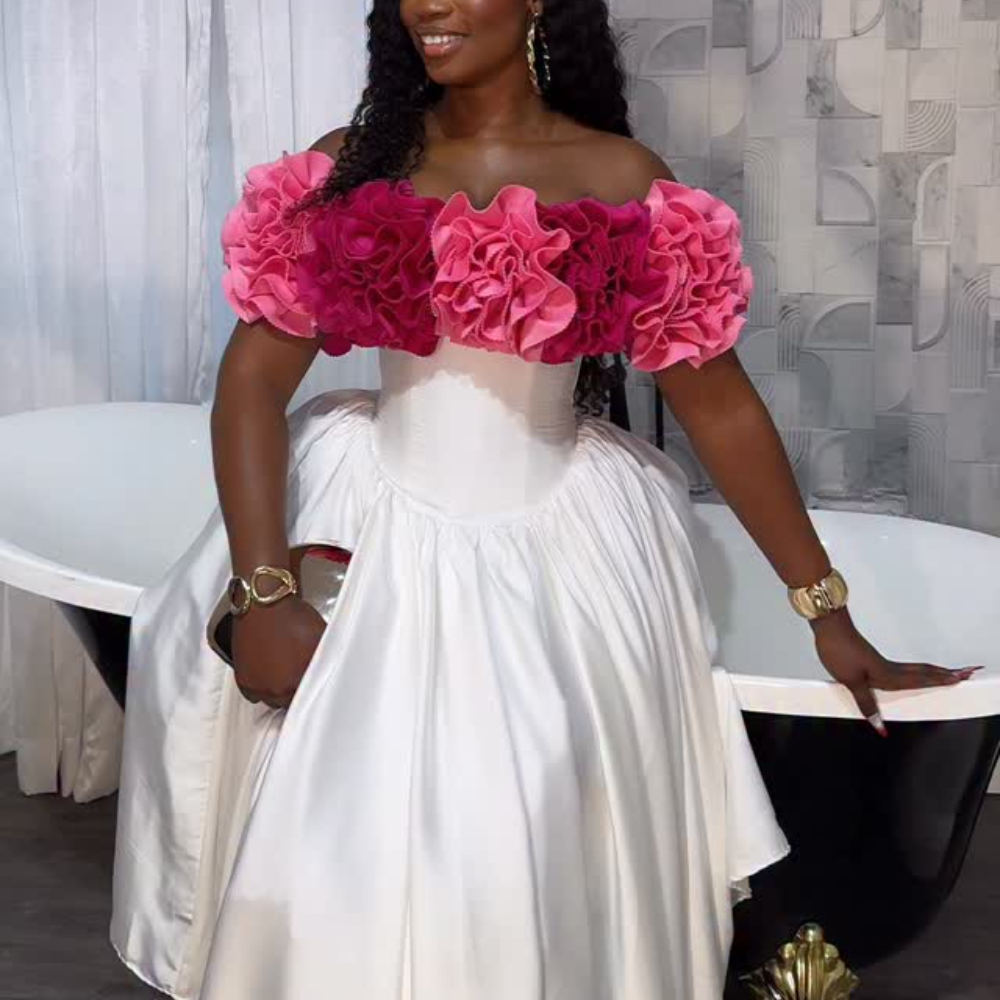 Red Gathered-Flower Patchwork Maxi Dress