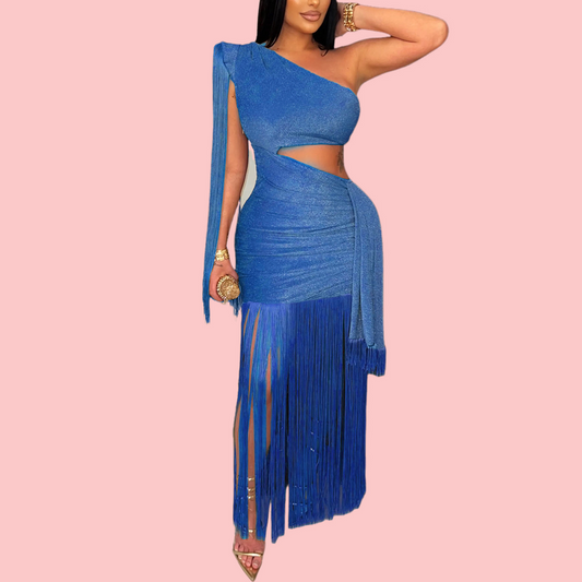 Solid Color Off-Shoulder Cutout Fringe Maxi Dress