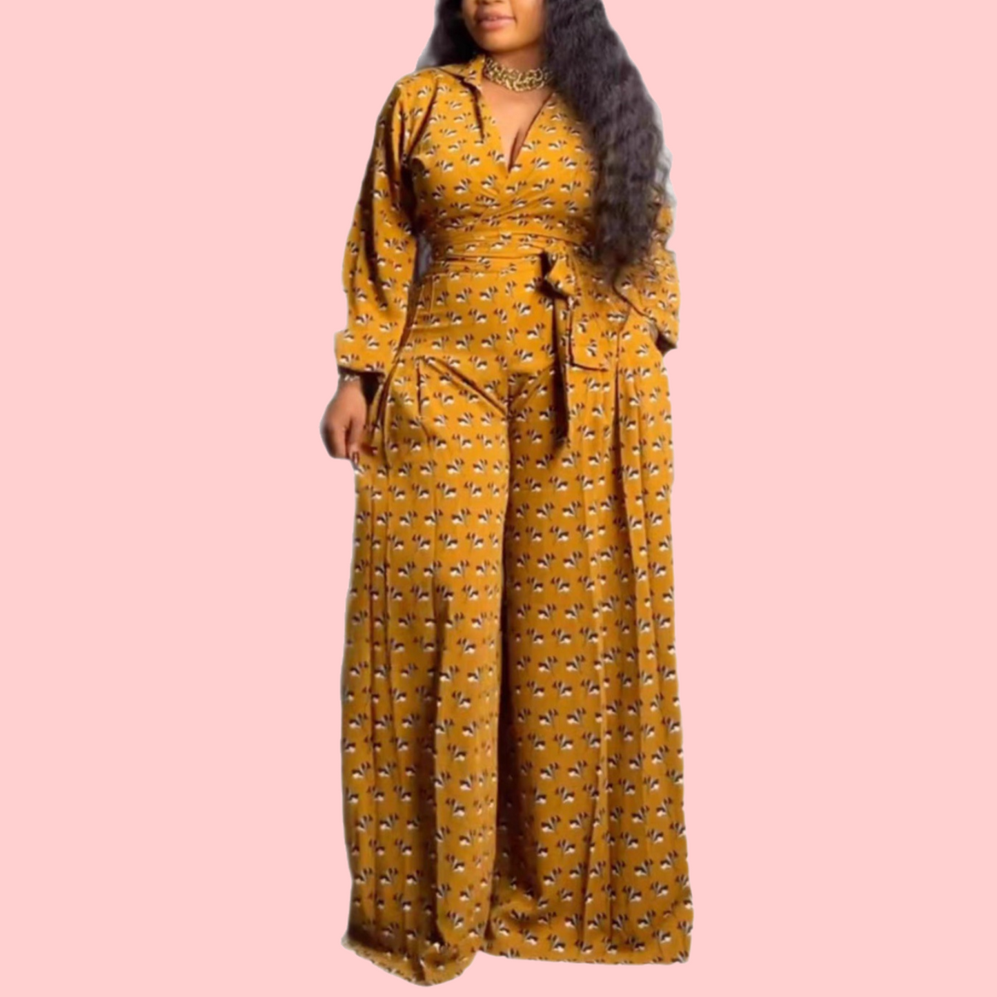 Yellow Printed Crop Top & Wide-Leg Pants Set