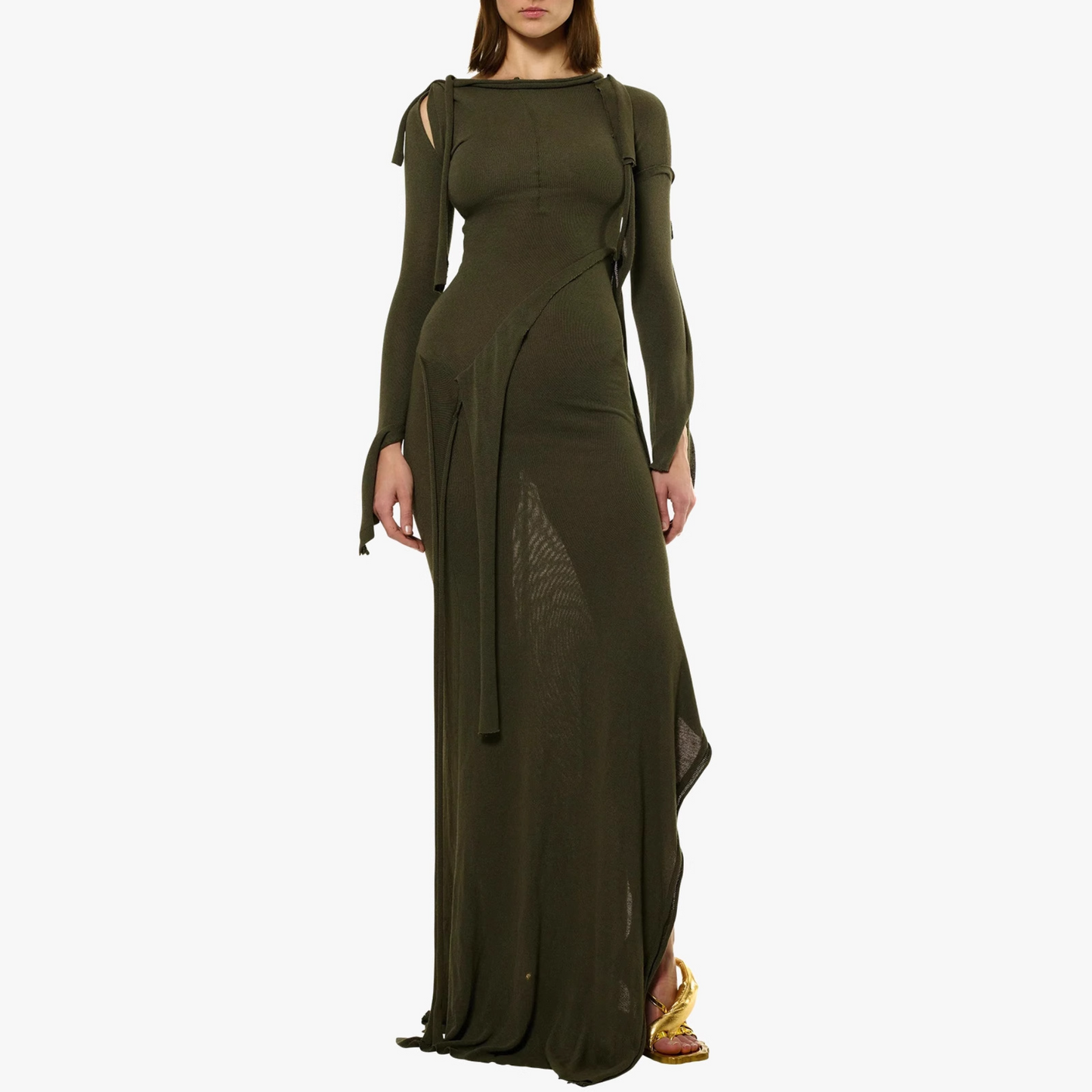Long-Sleeved Knit Scarf-Tie Wrap Dress