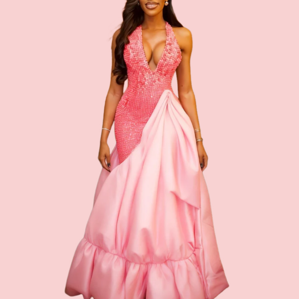 Pink Sequin V-Neck Patchwork Maxi Dress