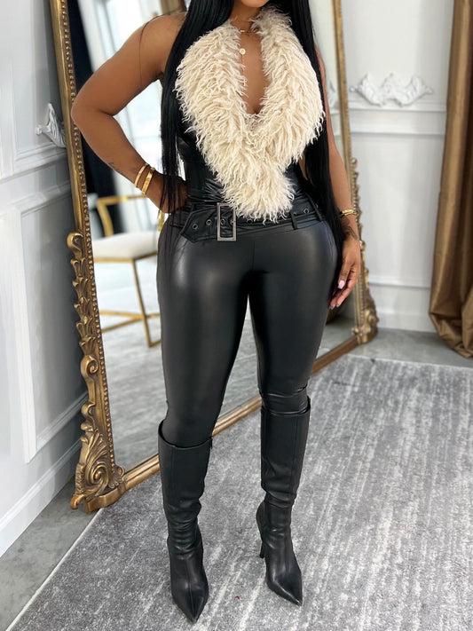 Faux Fur Patchwork PU Backless Jumpsuit