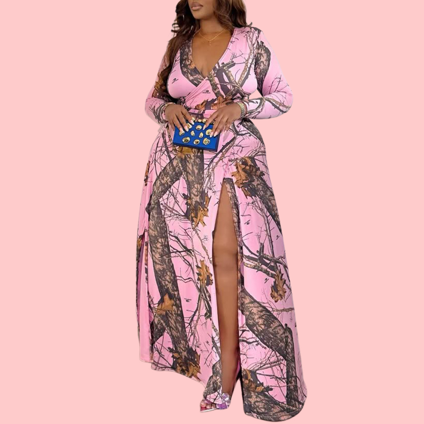 Pink Leaf Split-Hem Dress