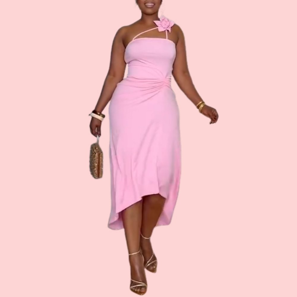 Pink Floral Strapless Midi Dress