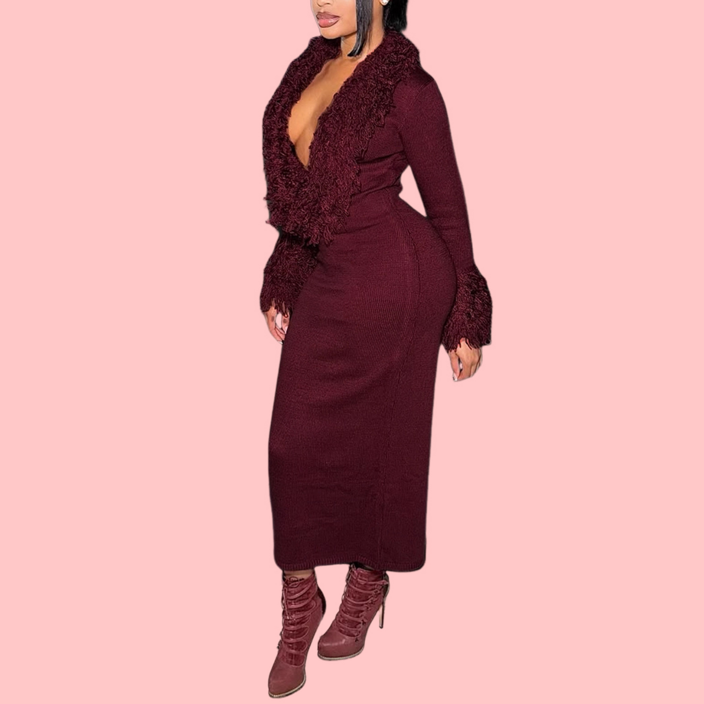 Red V-Neck Knit Maxi Dress