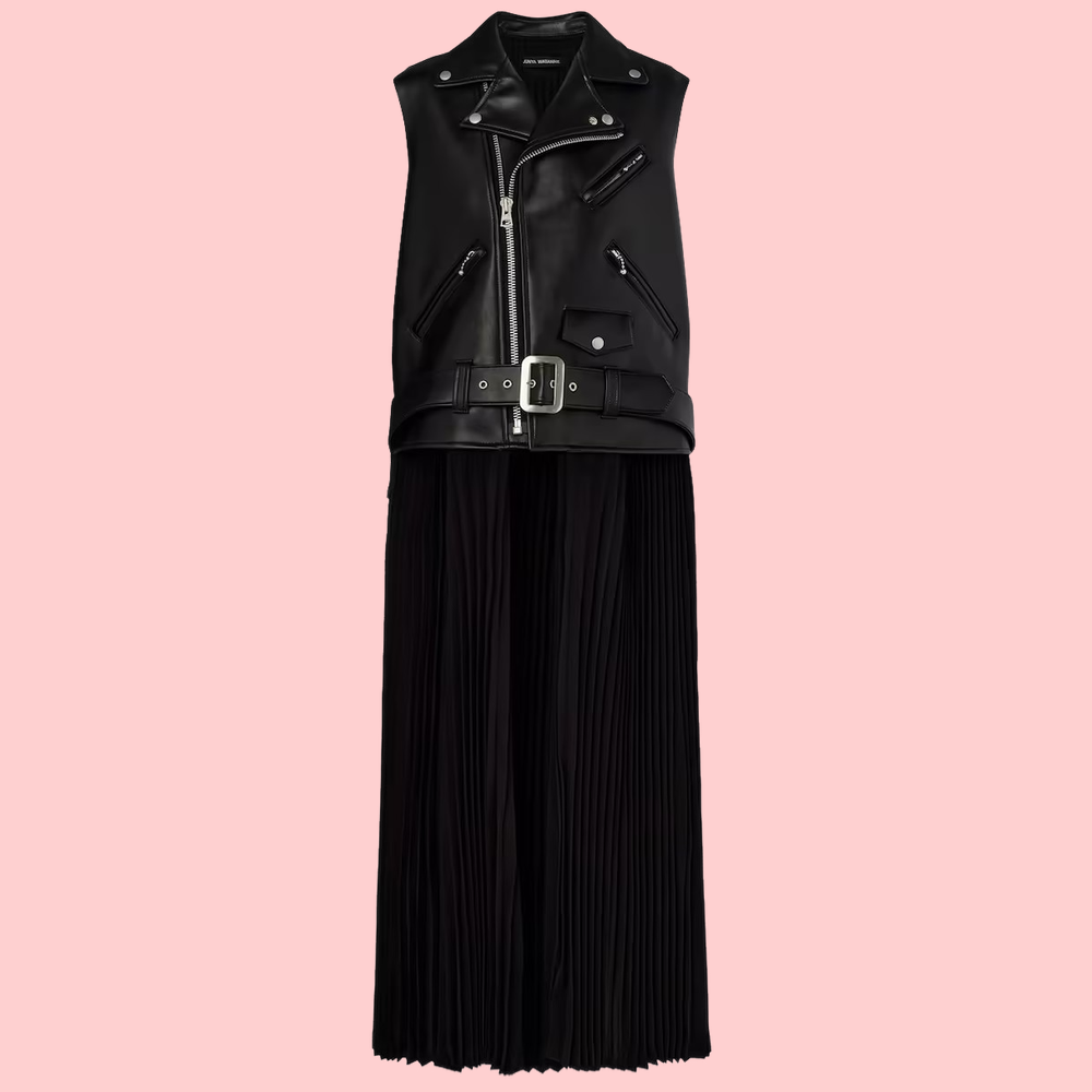 Zipper Leather Jacket Patchwork Pleated Maxi Dress