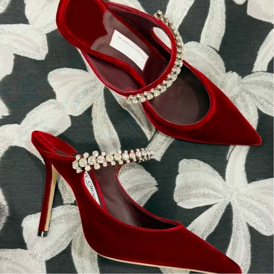 Red Pointed-Toe Rhinestone High Heels