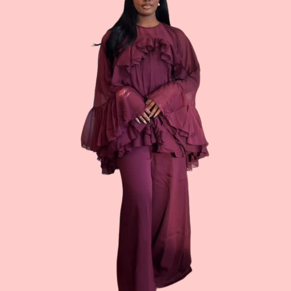 Purple Ruffled Blouse & Trouser Set
