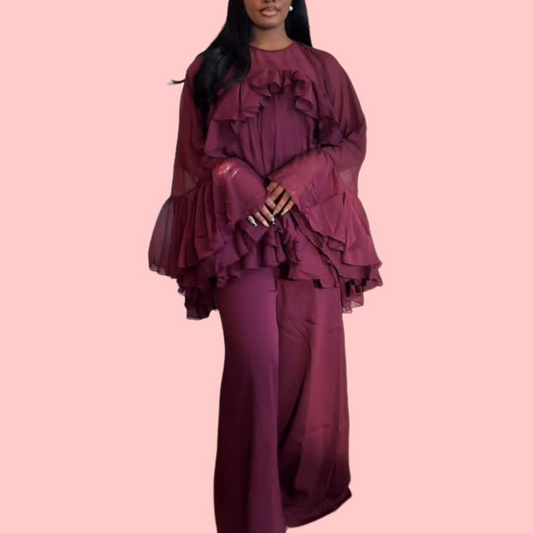 Purple Ruffled Blouse & Trouser Set