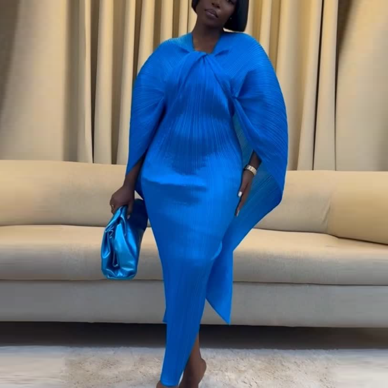 Blue V-neck Multi-Style Pleated Maxi Dress