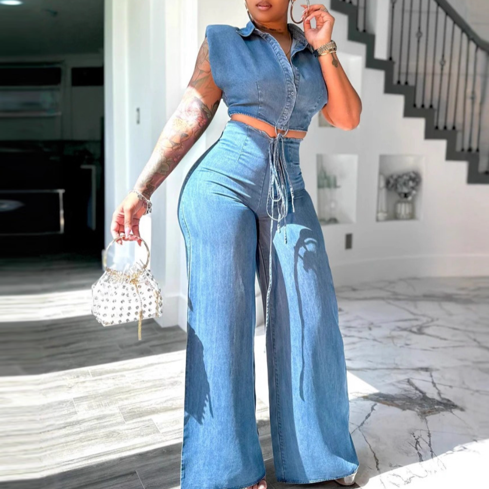 Sleeveless Washed Denim Shirt & Jeans Set