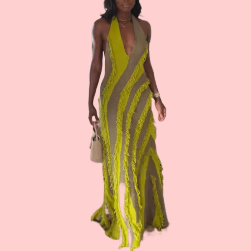 Yellow Fringe Patchwork Maxi Dress