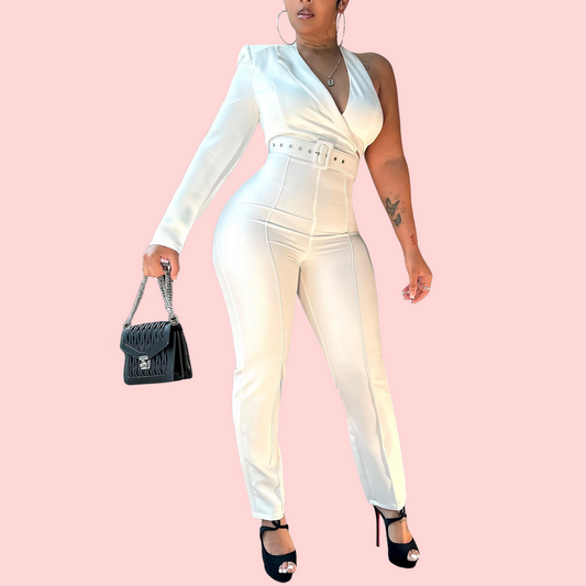 White One-Shoulder Sleeveless Belted Jumpsuit