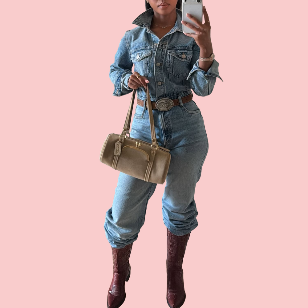 Rinse-Washed Denim Pocket Jumpsuit