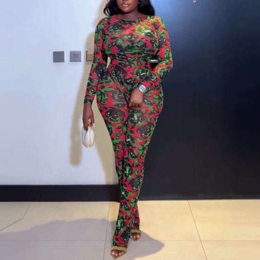 Sexy Fitted Long-Sleeve Bodysuit & Pants Set