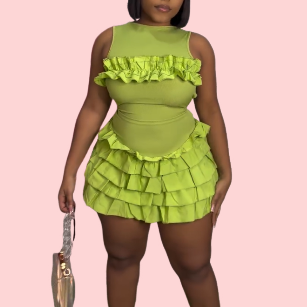 Green ruffled Sleeveless Mini Dress
