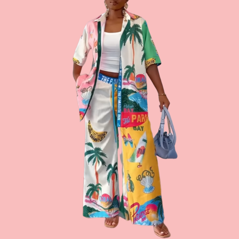 Summer Printed Short Sleeve Shirt & Pants Set