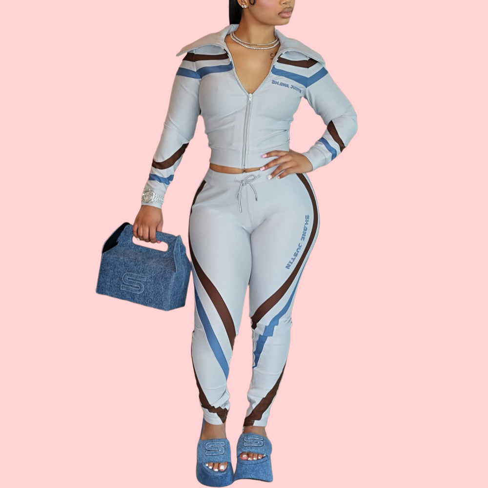 Sports Print Patchwork Long-Sleeve Zipper Leggings Set