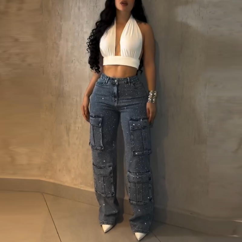 Rhinestone Multi-Pocket Jeans