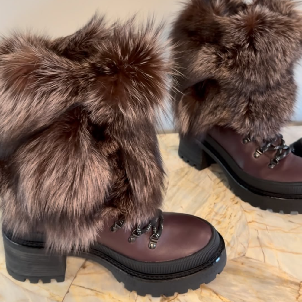 Fur-trimmed Thick-Heeled Leather Boots