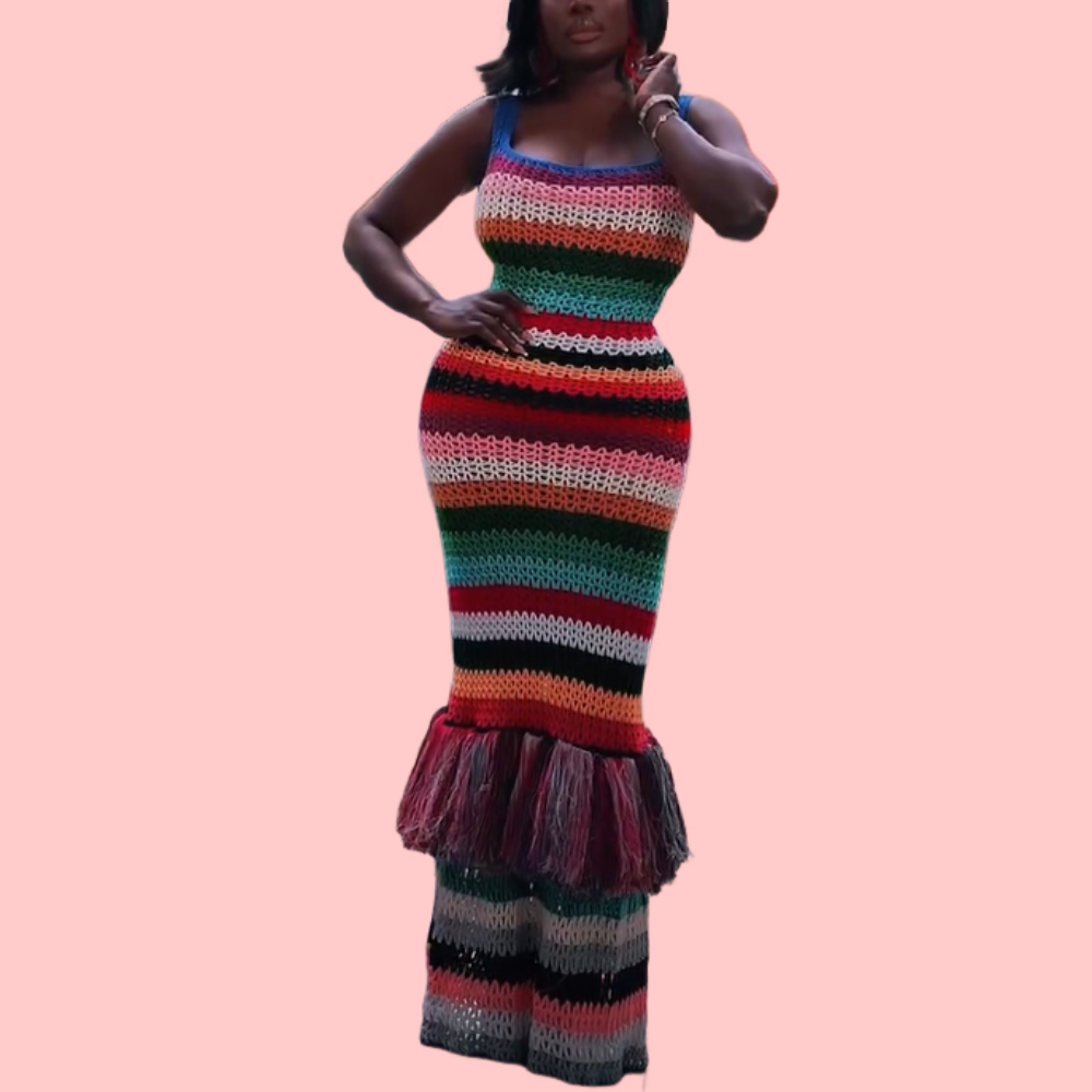 Colorful Knit Fringe Maxi Dress