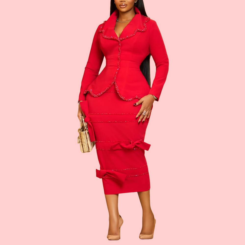 Red V-Neck Ruffle Blouse & Bow-Tie Skirt Set